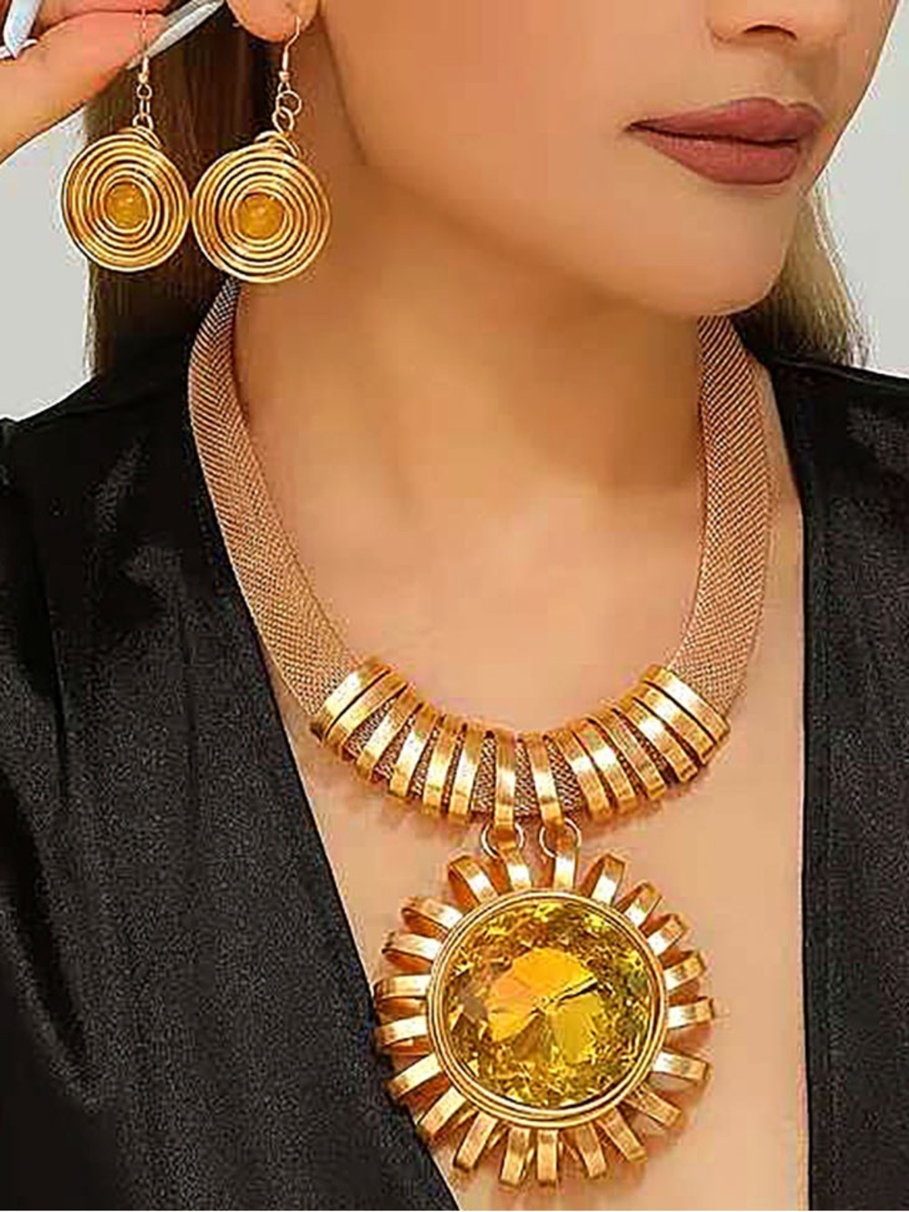 Gold-Tone Sunburst Pendant Necklace and Earrings Set - Gold